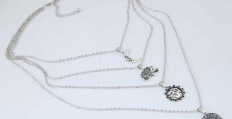 Fashion Silver Color Moon&elephant Shape Decorated Multi-layer Necklace,Multi Strand Necklaces