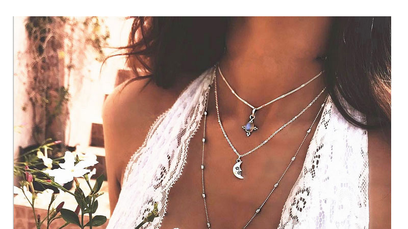 Fashion Silver Color Moon Shape Decorated Multi-layer Necklace,Multi Strand Necklaces