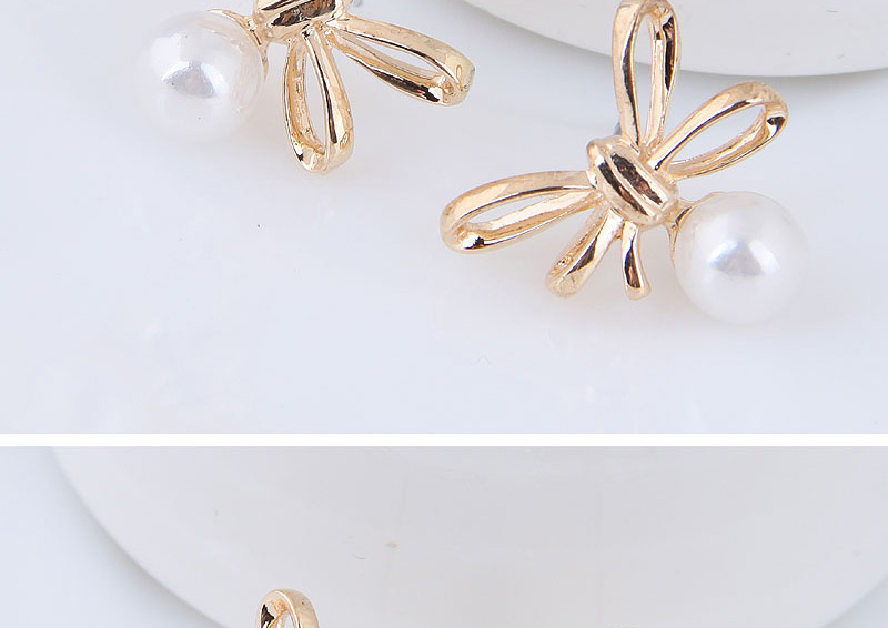 Elegant White+gold Color Bowknot&pearls Decorated Earrings,Stud Earrings