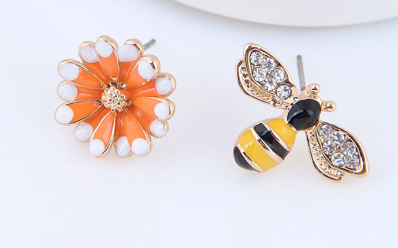 Elegant Yellow+orange Bee&flower Decorated Asymmetric Earrings,Stud Earrings