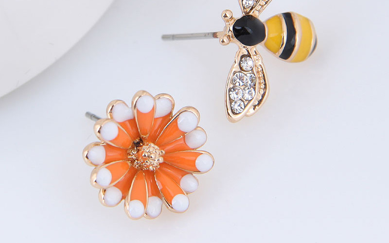 Elegant Yellow+orange Bee&flower Decorated Asymmetric Earrings,Stud Earrings