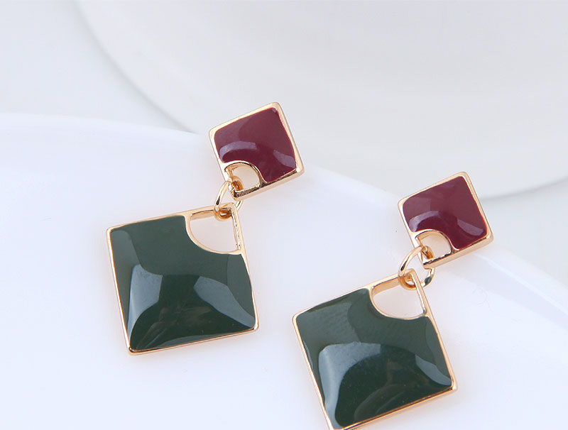 Elegant Red+green Square Shape Design Color Mathcing Earrings,Stud Earrings