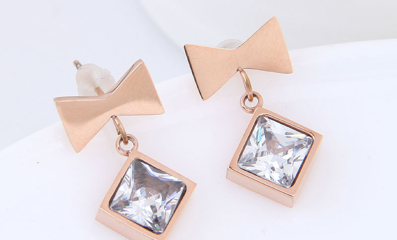 Fashion Rose Gold+sapphire Blue Bowknot Shape Decorated Earrings,Earrings