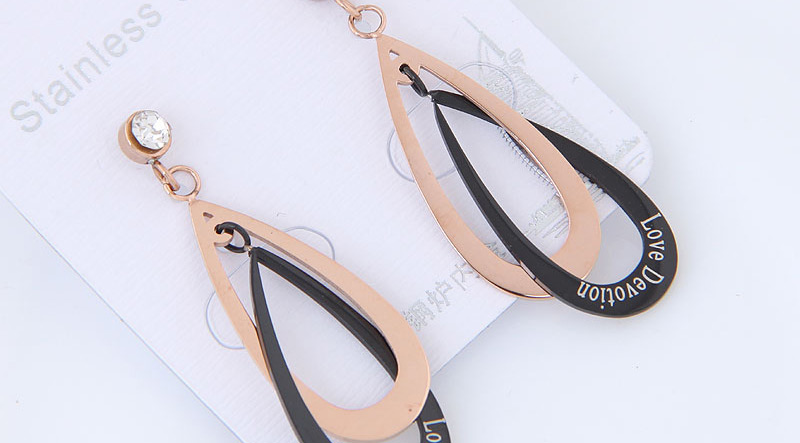 Fashion Black+rose Gold Water Drop Shape Decorated Earrings,Earrings