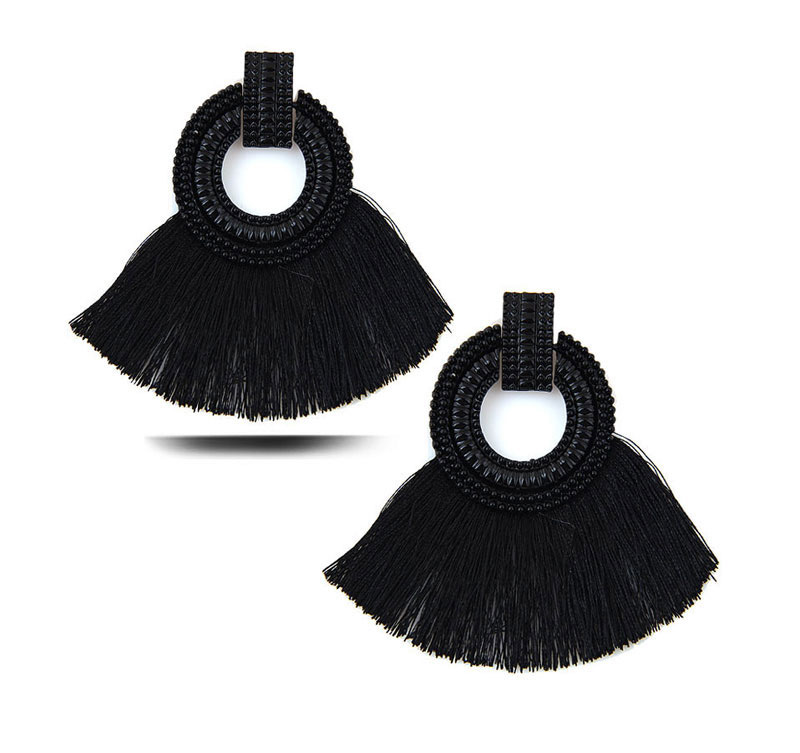Elegant Black Circular Ring Decorated Tassel Earrings,Drop Earrings