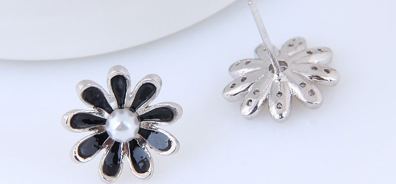 Simple Silver Color+black Flower Shape Decorated Earrings,Stud Earrings