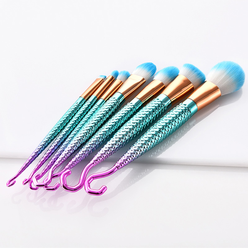 Fashion Pink+green Hooks Shape Decorated Makeup Brush (7 Pcs ),Beauty tools