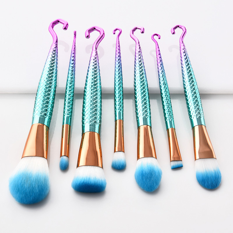 Fashion Pink+green Hooks Shape Decorated Makeup Brush (7 Pcs ),Beauty tools