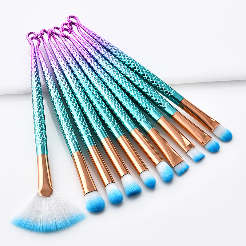 Fashion Pink+green Hooks Shape Decorated Makeup Brush (10 Pcs ),Beauty tools