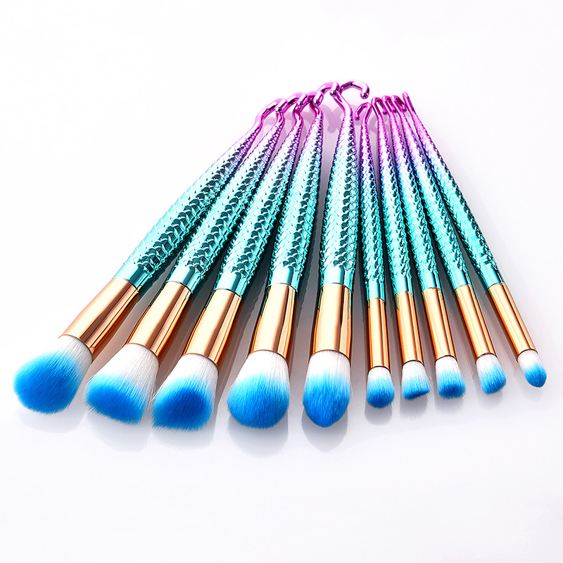 Fashion Blue+green Hooks Shape Decorated Makeup Brush (10 Pcs ),Beauty tools