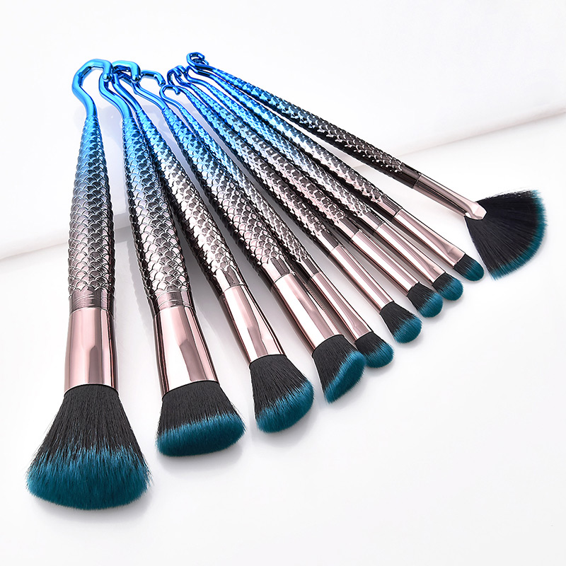 Fashion Blue+black Sector Shape Decorated Makeup Brush (10 Pcs),Beauty tools