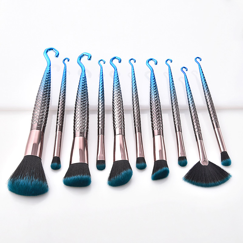 Fashion Blue+black Sector Shape Decorated Makeup Brush (10 Pcs),Beauty tools