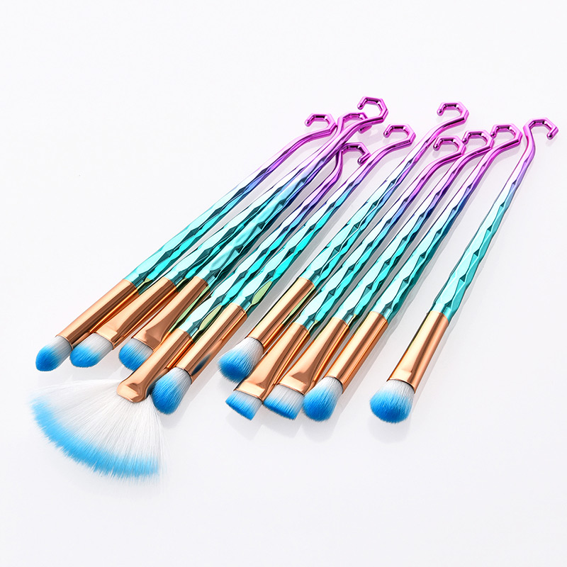 Fashion Blue+green Hooks Shape Decorated Makeup Brush(10 Pcs ),Beauty tools