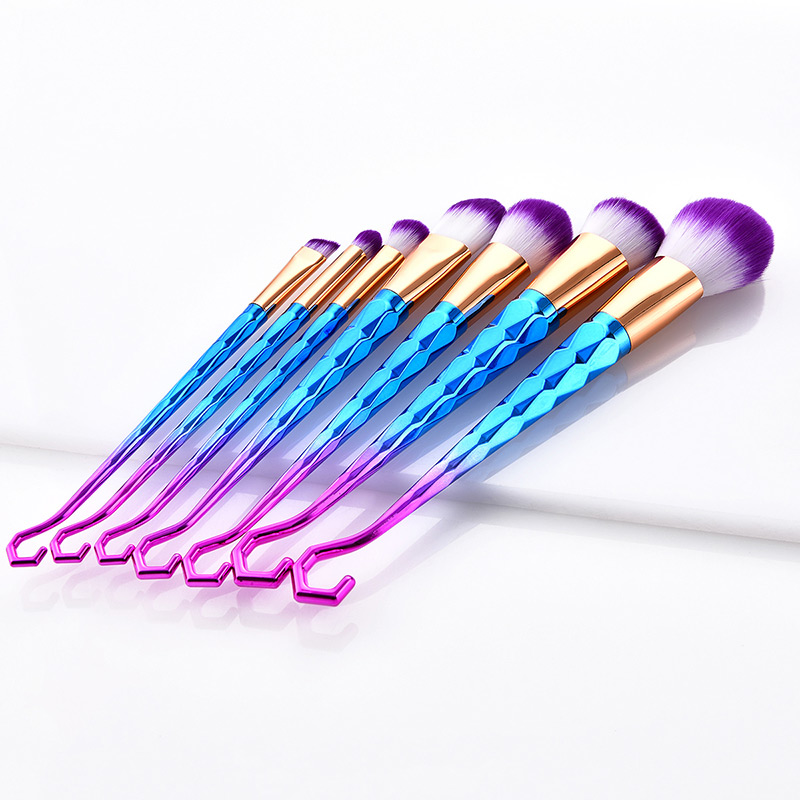 Fashion Blue+purple Hooks Shape Decorated Makeup Brush(7 Pcs),Beauty tools
