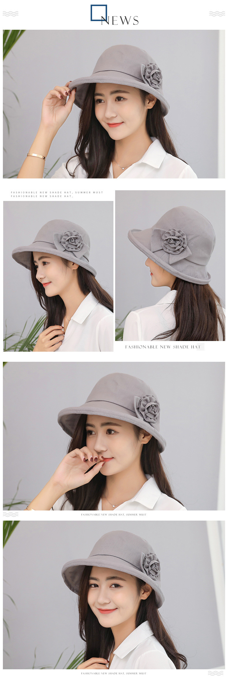 Trendy Dark Gray Flower Decorated Pure Color Sun Hat,Sun Hats