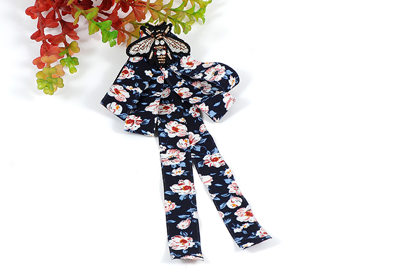 Trendy Navy Embroidered Bee Decorated Bowknot Brooch,Korean Brooches