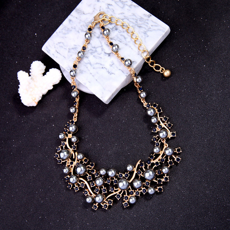 Vintage Gray Pearls&diamond Decorated Hollow Out Necklace,Bib Necklaces