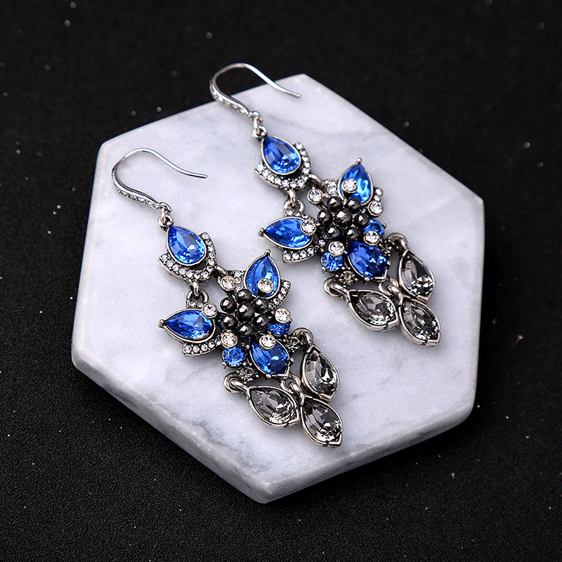 Vintage Blue Full Diamond Decorated Long Earrings,Drop Earrings