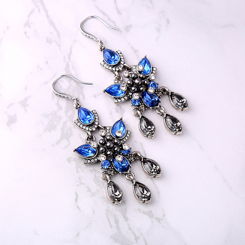 Vintage Blue Full Diamond Decorated Long Earrings,Drop Earrings
