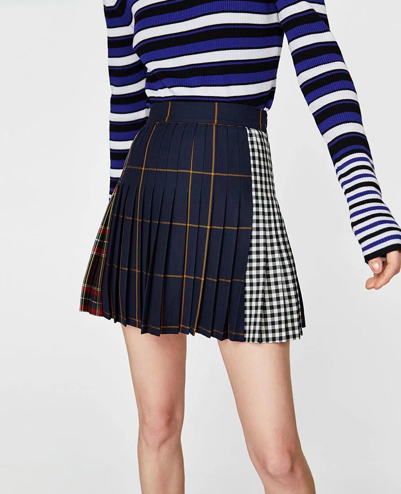 Fashion Navy Grid Pattern Decorated Mini Skirt,Skirts