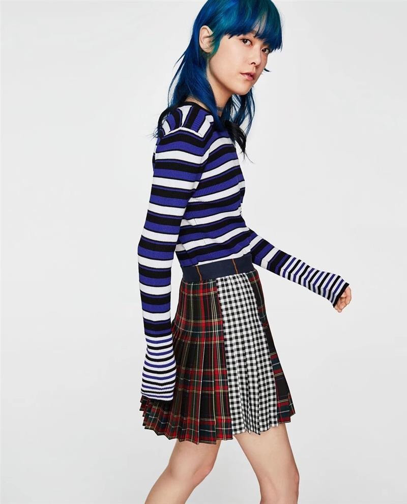 Fashion Navy Grid Pattern Decorated Mini Skirt,Skirts