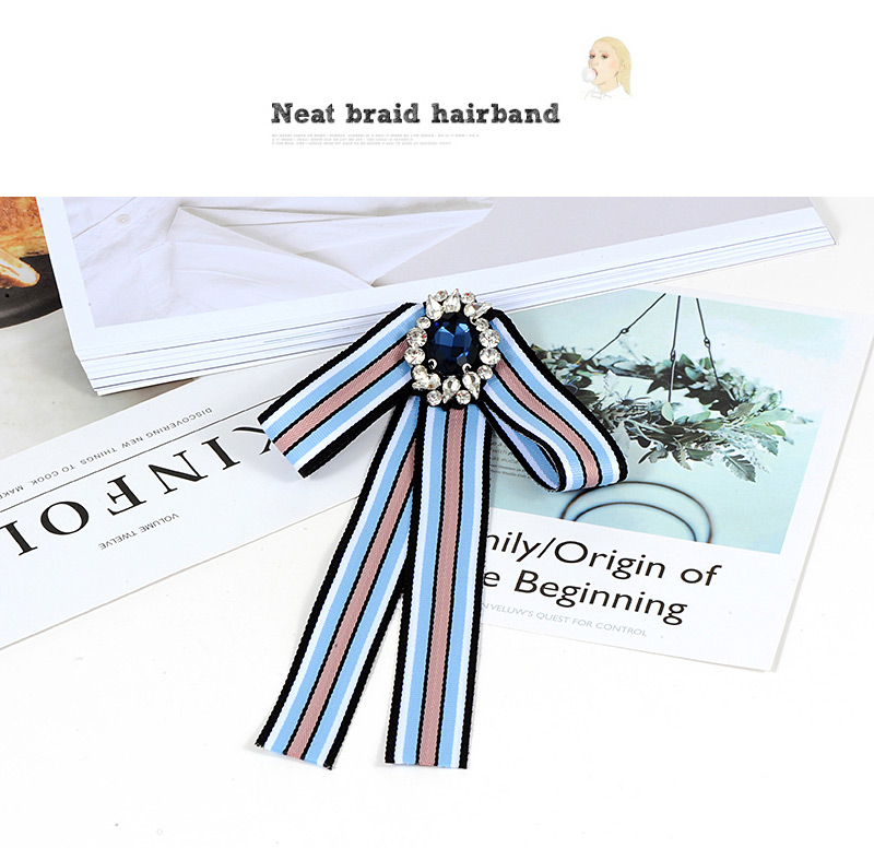 Trendy Blue Diamond Decorated Stripe Design Bowknot Brooch,Korean Brooches