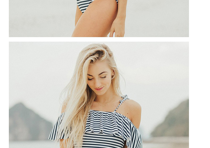 Sexy White+black Stripe Pattern Decorated Off Shoulder Swimwear,One Pieces