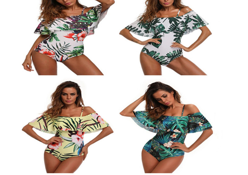 Sexy Green Leaf Pattern Decorated Off Shoulder Swimwear,One Pieces