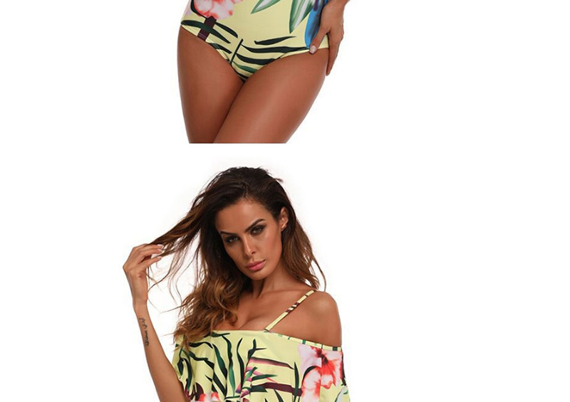 Sexy Yellow Leaf Pattern Decorated Off Shoulder Swimwear,One Pieces