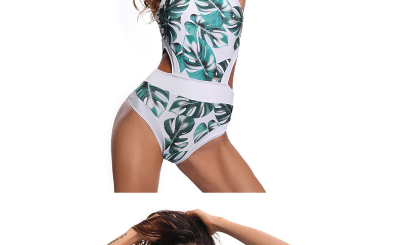 Sexy White+green Leaf Pattern Decorated Simple Swimwear,One Pieces