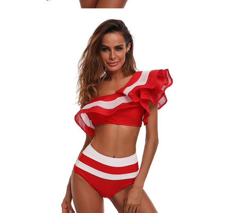 Sexy Red Stripe Pattern Decorated One-shoulder Swimwear,Bikini Sets