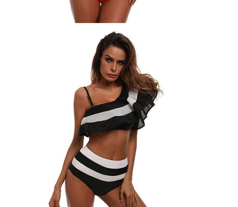 Sexy Black Stripe Pattern Decorated One-shoulder Swimwear,Bikini Sets
