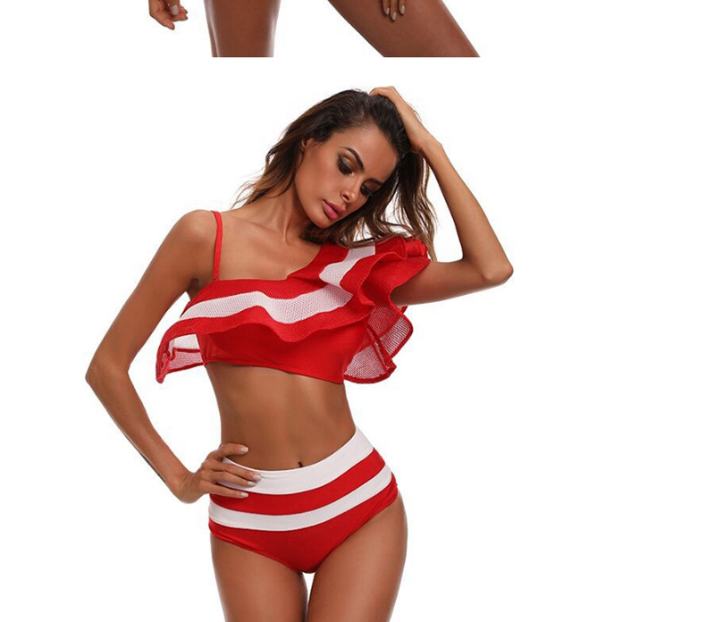 Sexy Red Stripe Pattern Decorated One-shoulder Swimwear,Bikini Sets