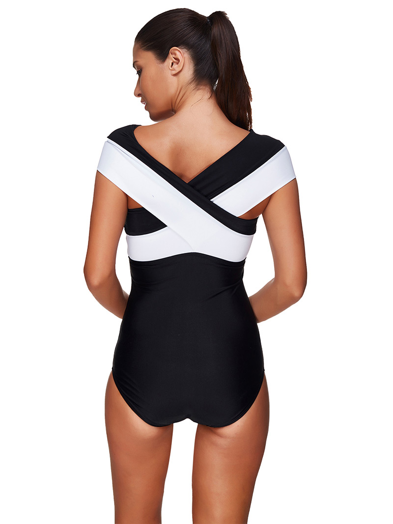 Sexy Black+white Color Matching Design Cross Shape Swimwear,One Pieces