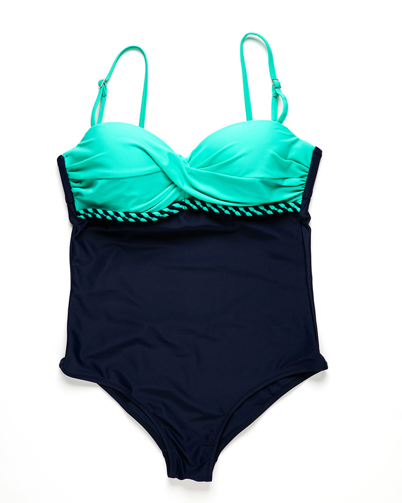 Sexy Green+navy Color Matching Design Suspender Swimwear,One Pieces