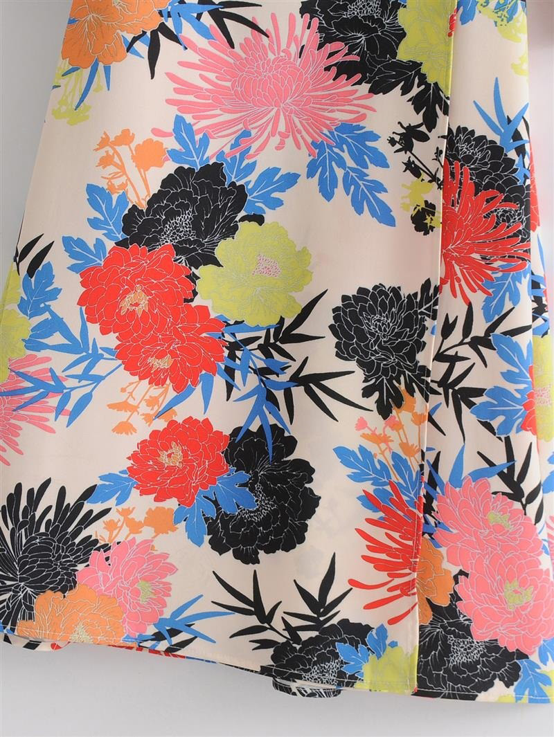 Fashion Multi-color Flower Pattern Decorated V Neckline Dress,Long Dress
