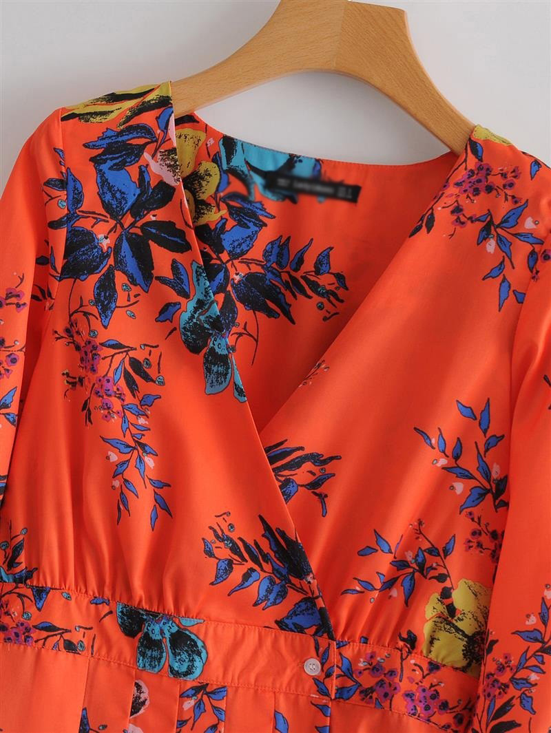 Fashion Orange Flower Pattern Decorated Long Sleeves Dress,Long Dress