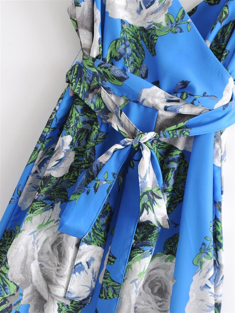Fashion Blue Flower Pattern Decorated Suspender Dress,Long Dress