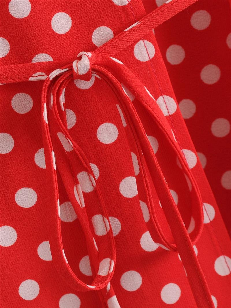 Fashion Red Dots Shape Pattern Design V Neckline Dress,Long Dress