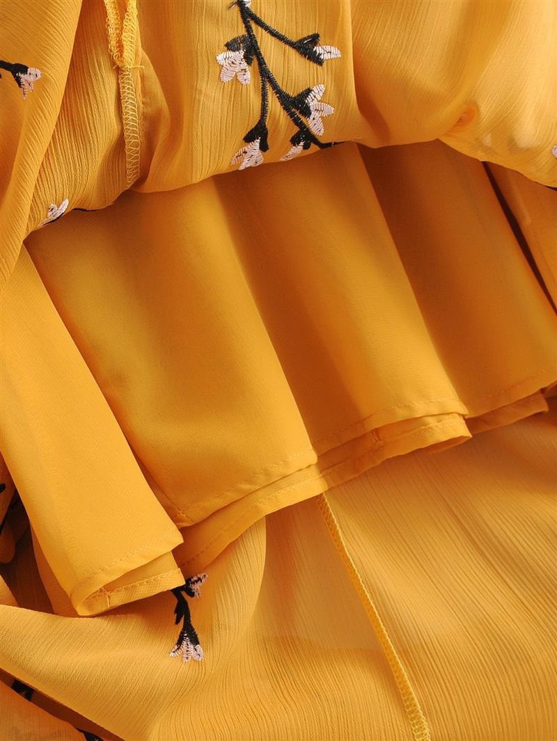 Fashion Yellow Flower Shape Pattern Design V Neckline Dress,Long Dress