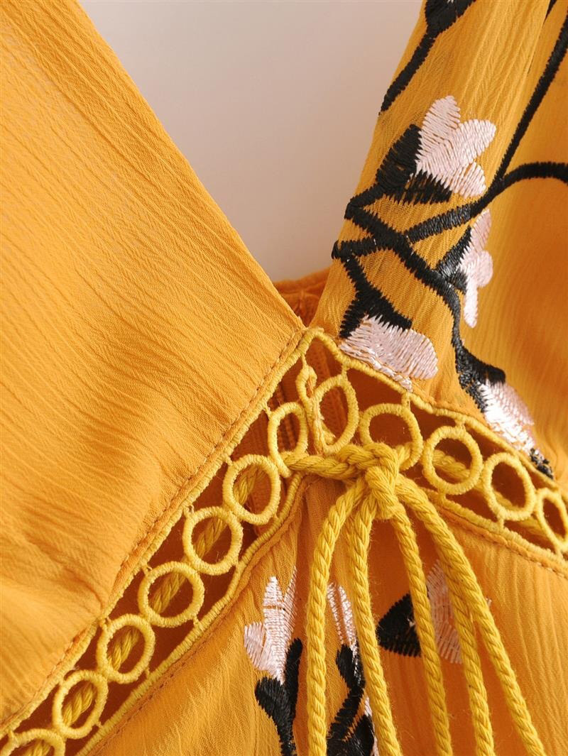 Fashion Yellow Flower Shape Pattern Design V Neckline Dress,Long Dress