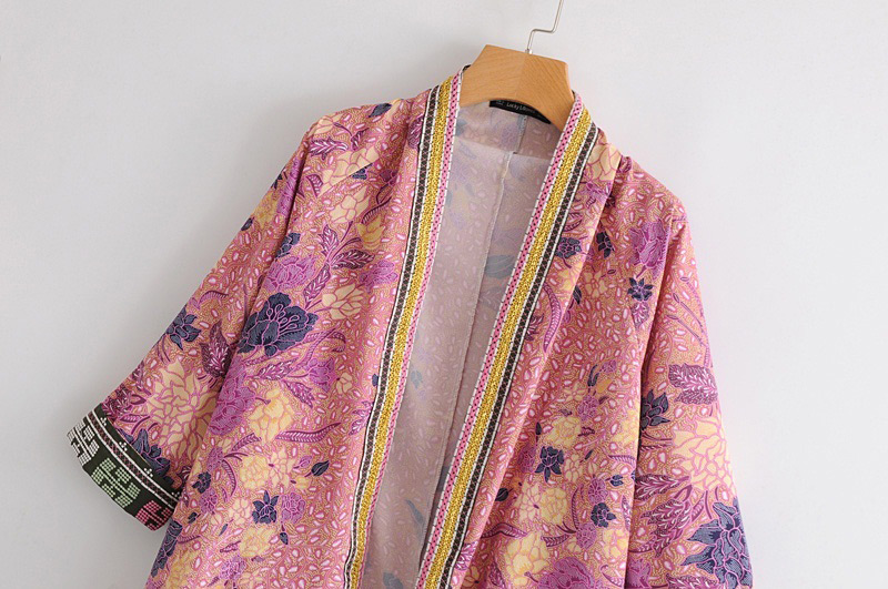 Fashion Beige Flower Shape Pattern Decorated Kimono,Sunscreen Shirts