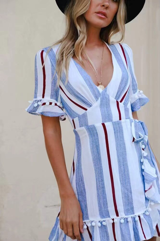 Fashion Light Blue Stripe Pattern Decorated Dress,Mini & Short Dresses