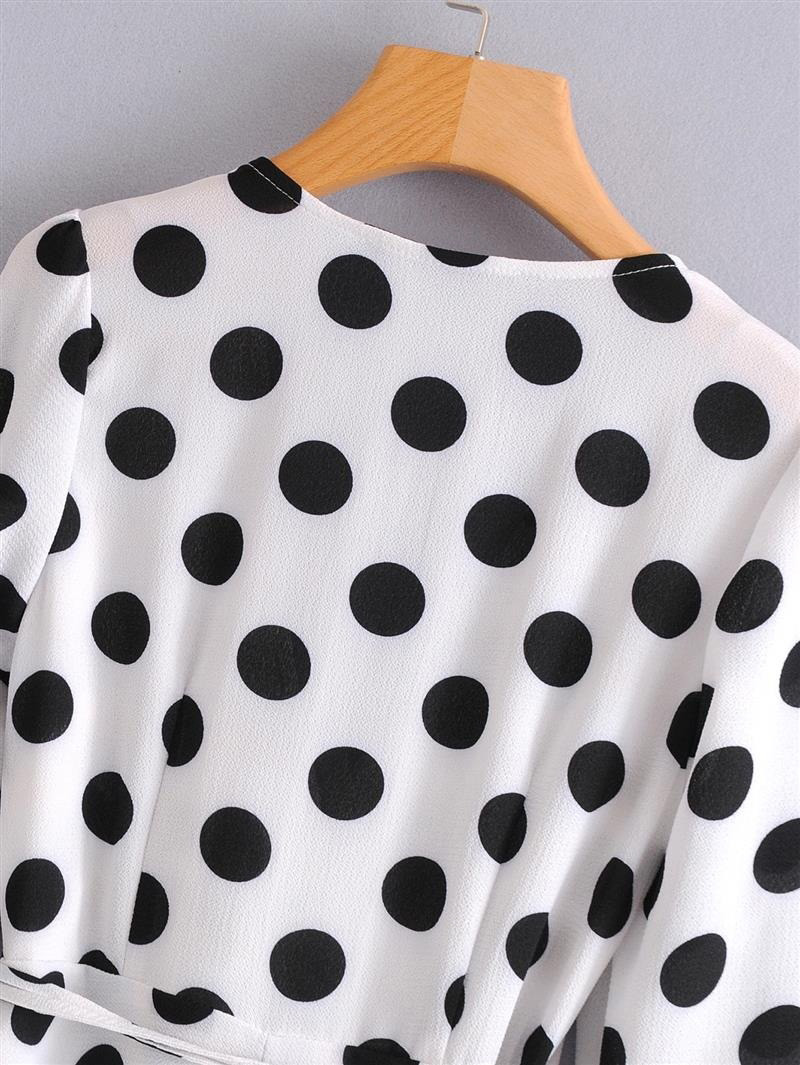 Fashion Black Dots Shape Pattern Decorated V Neckline Dress,Long Dress