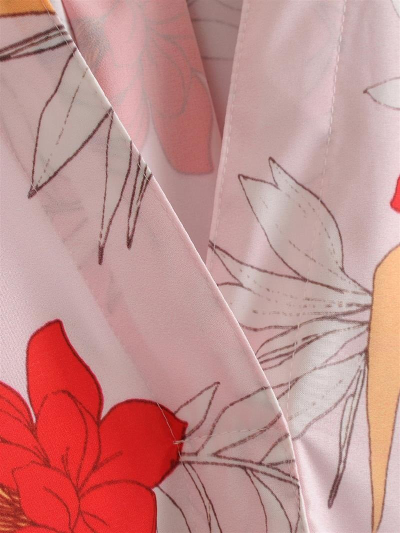 Fashion Pink Flower Pattern Decorated V Neckline Dress,Long Dress