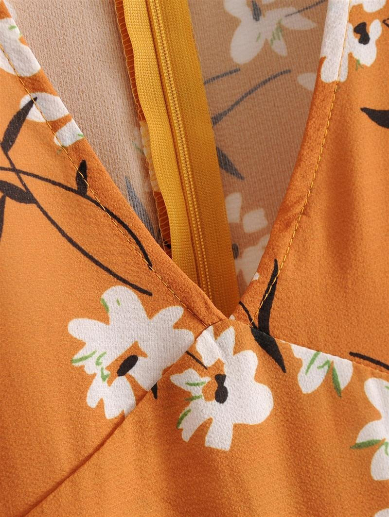 Fashion Orange V Neckline Design Flower Pattern Dress,Long Dress