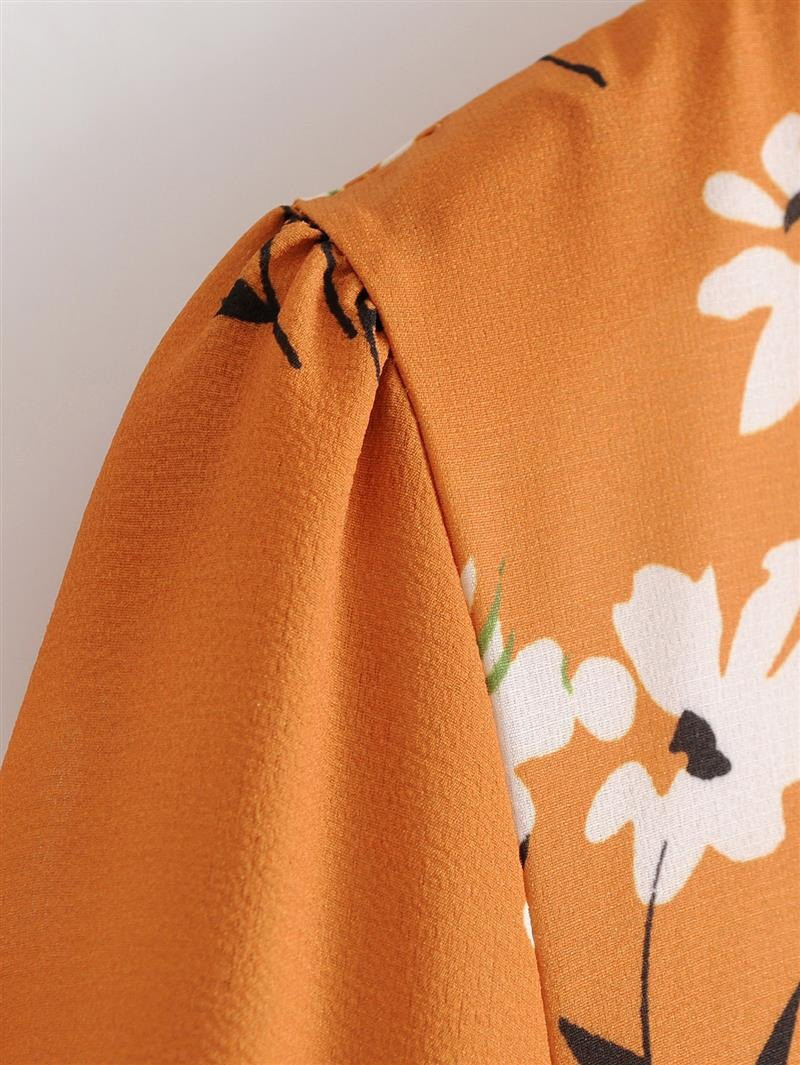 Fashion Orange V Neckline Design Flower Pattern Dress,Long Dress