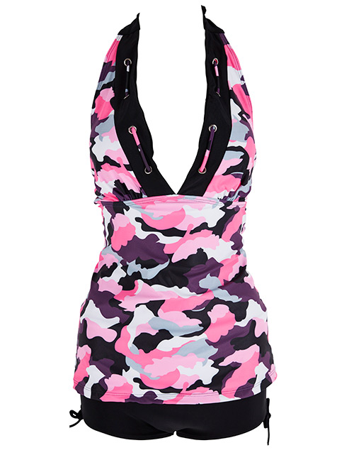 Sexy Black+pink Flower Pattern Decorated V Necline Swimwear,Bikini Sets