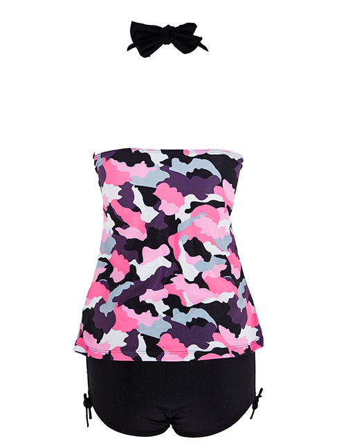 Sexy Black+pink Flower Pattern Decorated V Necline Swimwear,Bikini Sets
