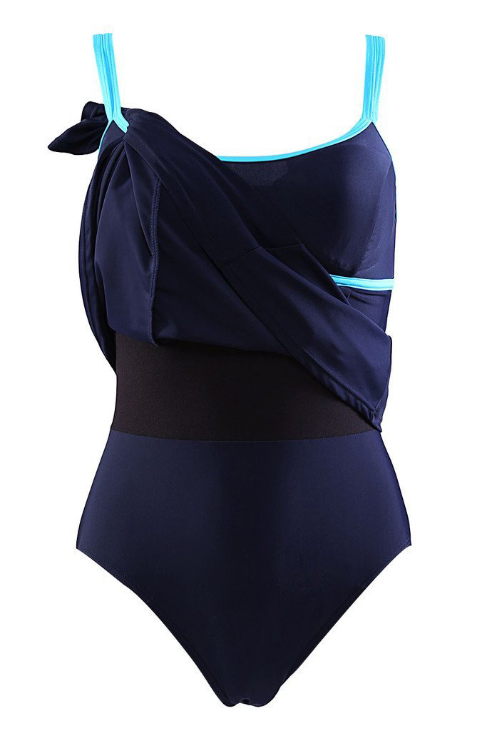 Sexy Navy+white Round Neckline Design Simple Swimwear,One Pieces